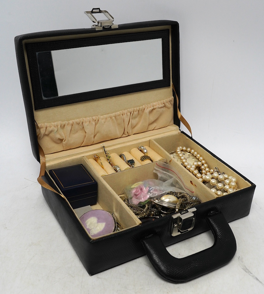 A yellow metal and gem set bar brooch and a quantity of assorted costume jewellery and two pocket watches including silver open face. Condition - fair